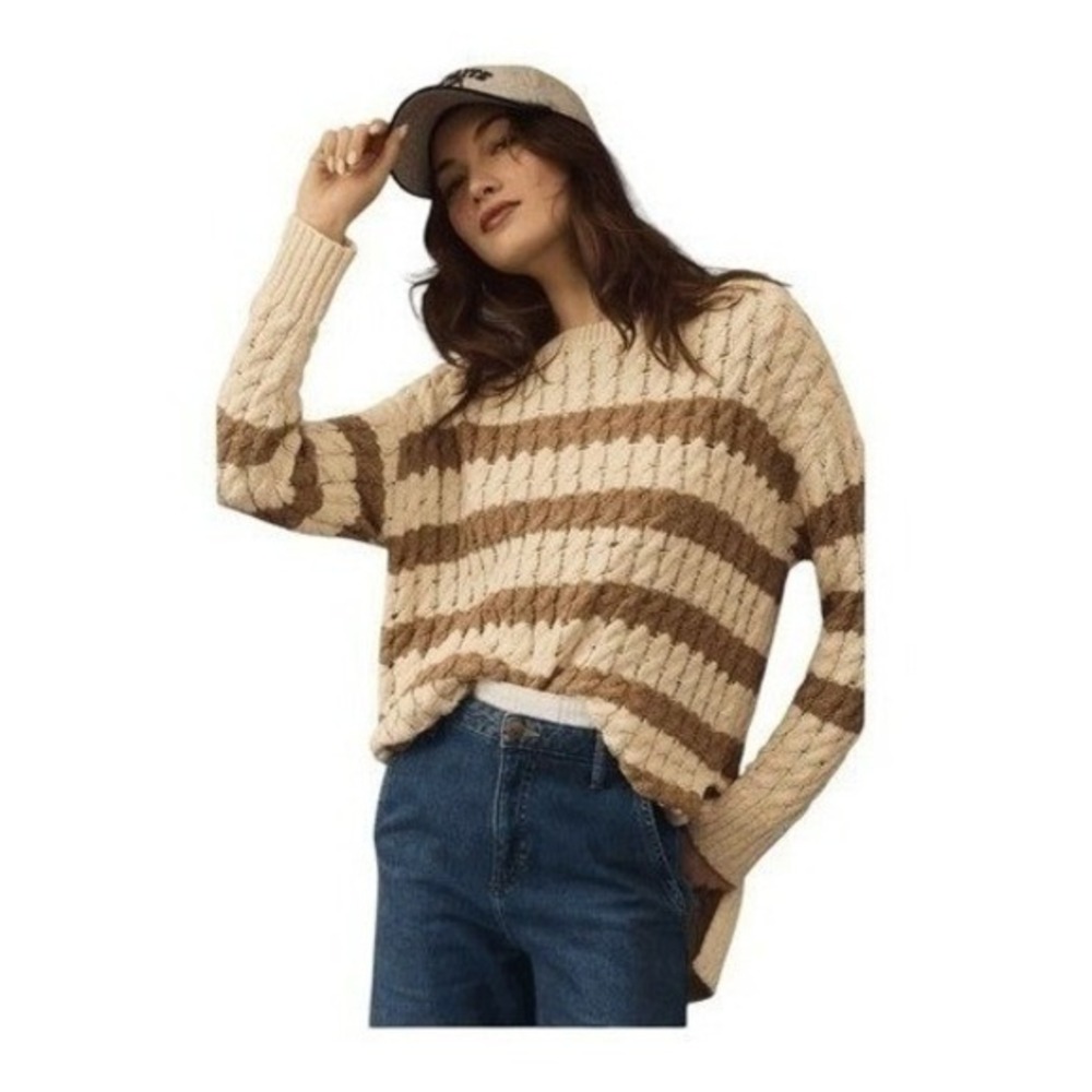 Pilcro Anthropologie Cable Knit Sweater Cream Brown Longline Stitch Striped Crew